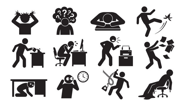 Workplace stress burnout frustration and mental breakdown silhouette icon set for mental health awareness and work culture design