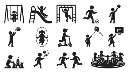 Children playground outdoor play activity silhouette icon set showing games sports recreation and childhood fun scenarios