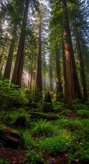 Fototapeta premium Sunlight streaming through giant redwood trees in a lush temperate rainforest.