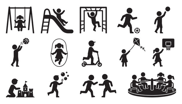 Children playground outdoor play activity silhouette icon set showing games sports recreation and childhood fun scenarios