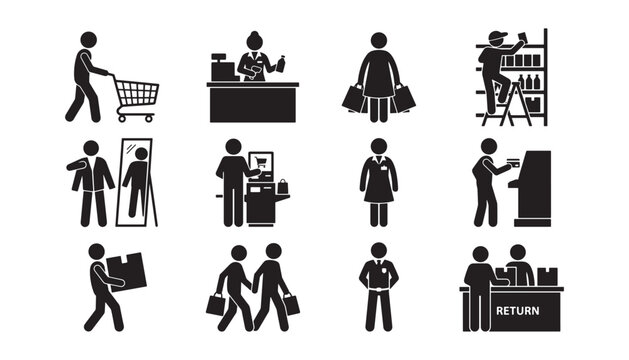 Retail shopping consumer activity silhouette icon set showing checkout cashier cart fitting room stocking and return desk scenarios
