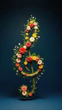Musical treble clef formed from colorful flowers and green leaves. Nature harmony expressed through floral arrangement and botanical art. Symbol of spring music and creativity.