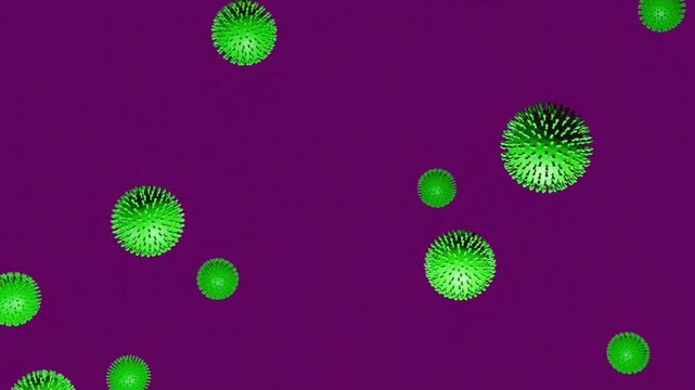 High-contrast green spiked spheres and abstract bacterial particles floating in a seamless loop on a solid purple backdrop.
