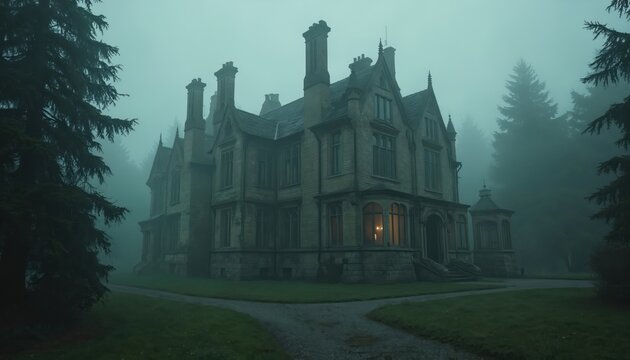 Old manor house in dense fog, surrounded by dark trees. Ominous building with lit window. Eerie, spooky, mysterious atmosphere. Abandoned estate, dark fantasy, gothic architecture.
