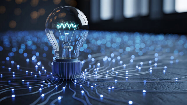 A glowing light bulb connected to fiber optic cables and digital network circuits, representing innovation and creative intelligence