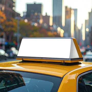 Yellow cab rooftop sign in urban cityscape setting