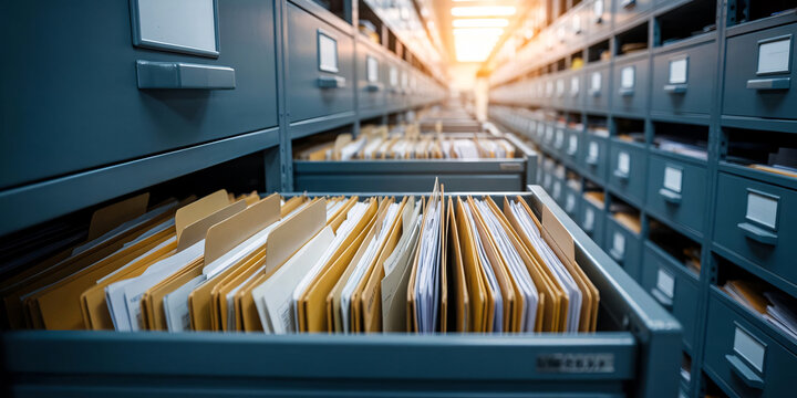 Rows of metal filing cabinets in an office providing an organized storage system for document records and folders
