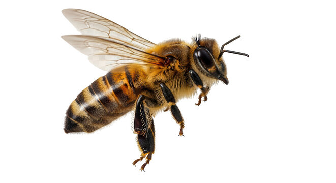 Macro side view of a flying honey bee with striped abdomen isolated on a transparent background