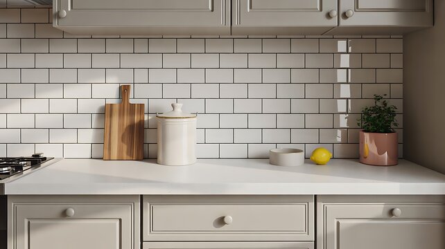 Minimal white kitchen counter with subway tile backsplash cutting boards and fresh decor