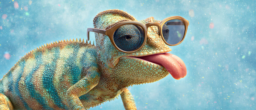Funny animal - Celebration, happy birthday, summer party, greeting card banner - Chameleon reptile with sunglasses and tongue stuck out isolated on blue background texture.