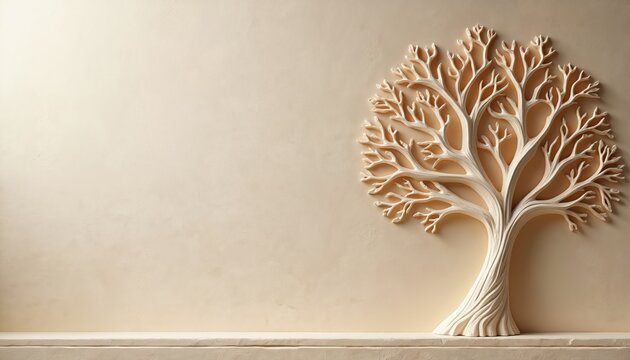Minimalist beige tree relief artwork with organic textures and abstract lines. Elegant sculpture design for nature-inspired interior decor. Serene background.
