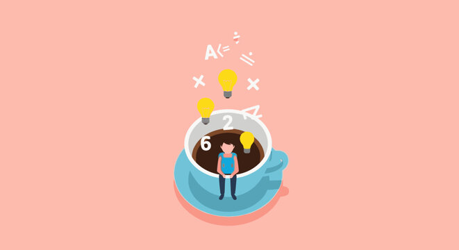 Creative thinking and brainstorming concept: person sitting in coffee cup with ideas and numbers floating above