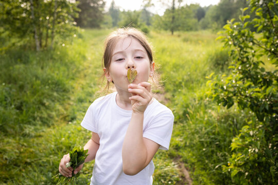 funny portrait of child in summer nature background