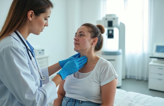 Doctor checks patient thyroid gland and lymph nodes in clinic. Woman gets medical exam for endocrine system or neck pain. Doctor wears gloves during examination.