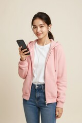 Naklejka premium Young Asian Woman Holding Phone in Casual Setting