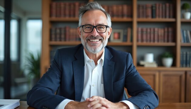 Mature man with grey hair and beard smiles at camera. He wears glasses and a dark suit. Bookshelves fill the background. He looks happy and pro.