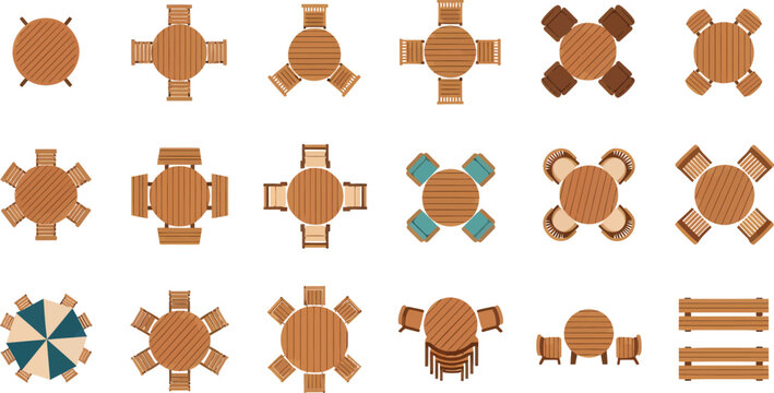 Top view wooden table and chair furniture set collection for restaurant cafe interior design vector illustration