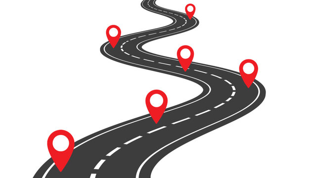 Winding vector road illustration with red map pin markers indicating a journey