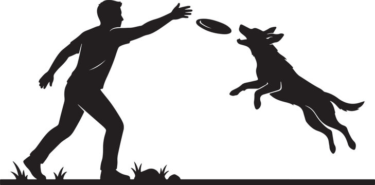 vector silhouette of a person throwing a flying disc to a leaping dog, flat vector style