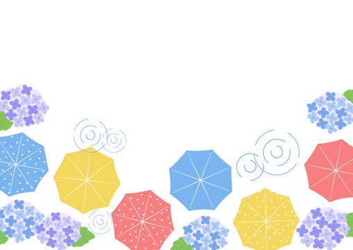 梅雨の背景イラスト　バナー　雨の背景　梅雨素材　雨素材　天気　紫陽花　雨　傘　