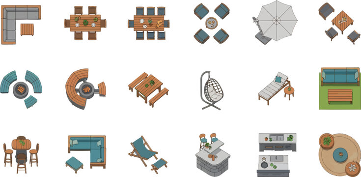 Outdoor furniture top view vector set with patio seating dining tables lounge chairs and garden decor elements