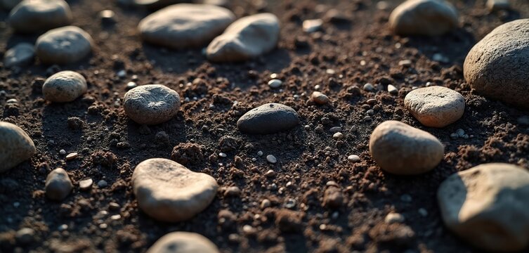Closeup view of dark brown soil with scattered pebbles and rough stones. Ground surface detail with rocky texture shows dry earth. Natural terrain background for design.