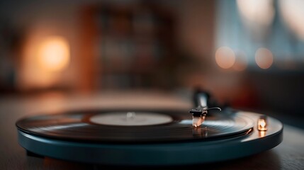 Obraz premium Spinning vinyl record on turntable with soft background lighting