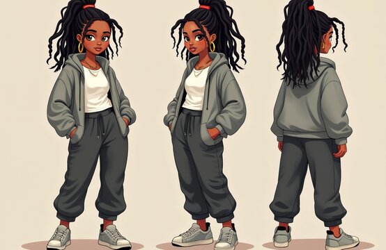 Young Black woman with dreadlocks wears grey hoodie and sweatpants. She stands showing front and back views. Cool street style character poses.
