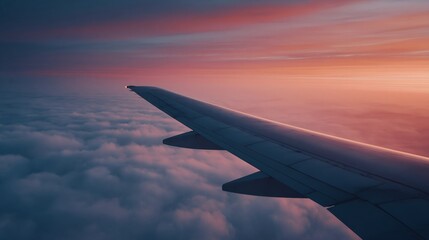 Obraz premium View of airplane wing over sea of clouds at dusk or dawn