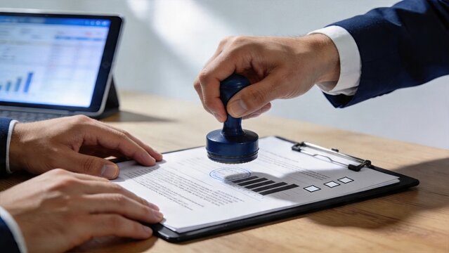Business man signing stamping official document with blue ink seal on clipboard contract agreement approval process for company deals at wooden office desk corporate finance legal