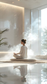 Femme pratiquant la m&eacute;ditation dans un spa lumineux et minimaliste