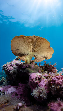 Champignon insolite poussant sur un r&eacute;cif de corail sous l'eau