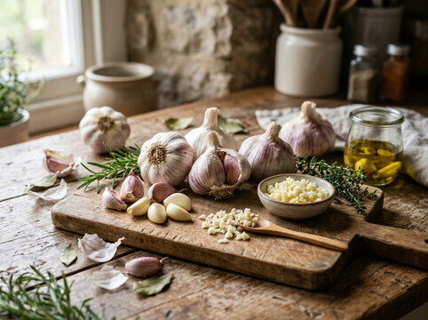 Fresh garlic bulbs and cloves on rustic wooden table with spices