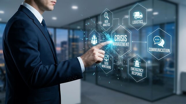 Businessman's Hand Activating Crisis Management System on Futuristic Digital Interface, Illustrating Risk Analysis, Logistics, and Emergency Response