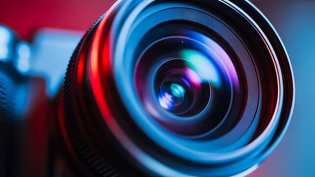 Macro close up of professional camera lens with colorful reflections and modern photography equipment
