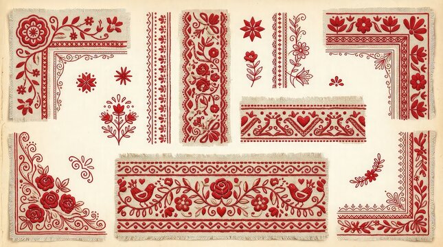 Hand drawn folk embroidery borders and corner frames in red on cream background for design inspiration