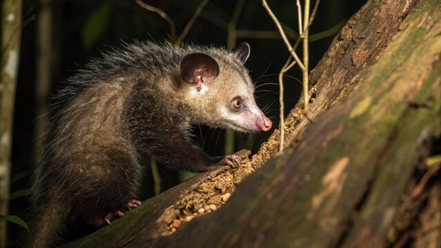 Aye-Aye (Daubentonia madagascariensis) lemur, strepsirrhine primate, finding insects in hollow wood with a long middle finger at night, Masoala forrest reserve, Madagascar.
