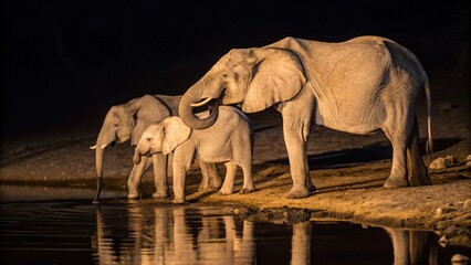 The elephant family find drinking water at night, Hwange National Park, Zimbabwe.   © pinan