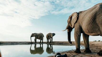 The elephant family find drinking water at night, Hwange National Park, Zimbabwe.   © pinan