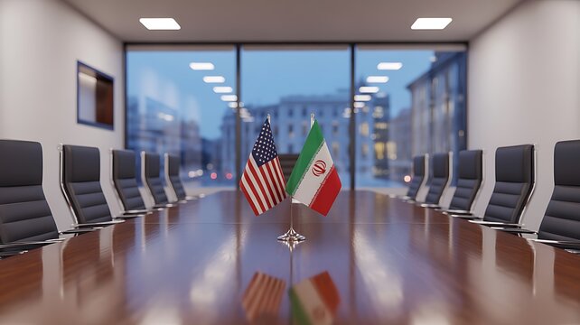 Diplomatic meeting between usa and iran flags in modern conference room setting