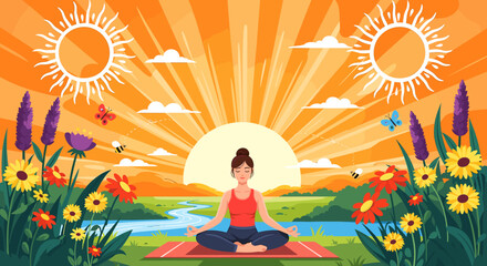 Obraz premium Woman meditating in lotus pose on a yoga mat amidst a vibrant sunrise, surrounded by blooming flowers, butterflies, and a serene natural landscape.