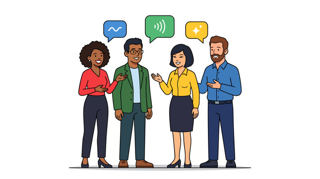 Diverse group of people communicating with speech bubbles overhead