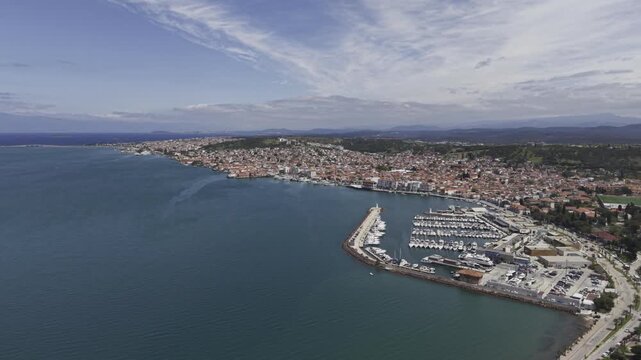 Aerial Drone View of Ayvalik Town Center, Coastal Architecture and Aegean Sea in Turkey