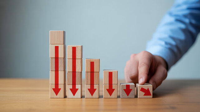 A hand arranges wooden blocks with red arrows illustrating a consistent decline in business or financial metrics