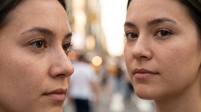 Serious Identical Twin Sisters Standing in Busy Urban City Street at Sunset