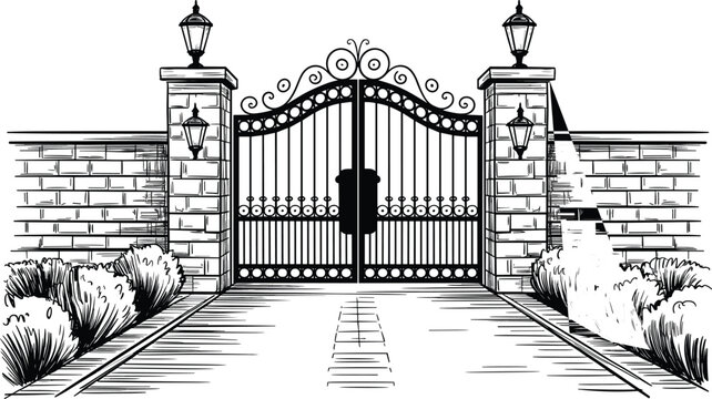 A detailed black and white architectural sketch of a grand entrance gate