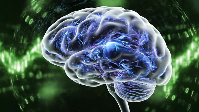 A digital representation of a human brain with glowing energy and binary code in the background, symbolizing intelligence and technology