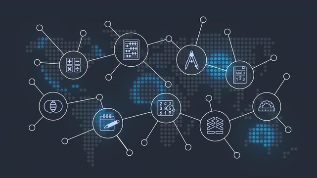Mathematics animated banner with line icons. Science calculations. Academic discipline learning. Algebra. Outline symbols on dynamic background. HD video for website header and presentation