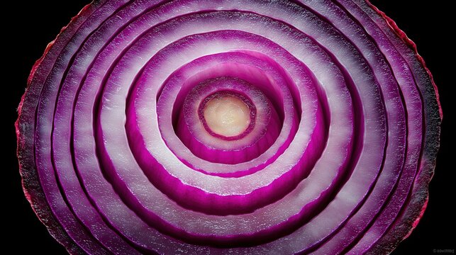 Dramatic backlit macro of a red onion cross-section, revealing translucent purple layers and intricate concentric rings on a dark background.