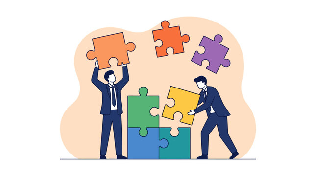 Businessmen assembling puzzle pieces, symbolizing teamwork and strategy